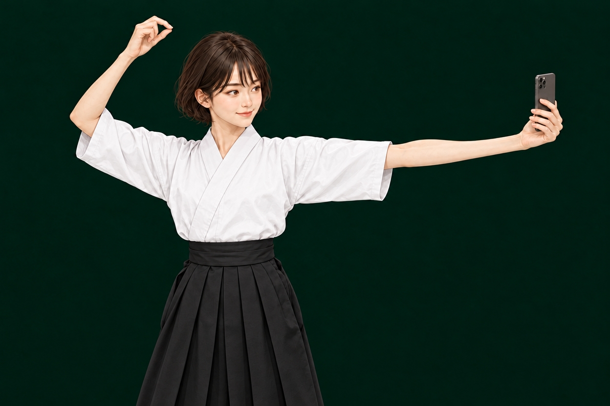 白い稽古着と黒い袴で左腕を左へ伸ばし、画面を体側へ向けたスマホを見る構え。右手は頭より上に上げます。