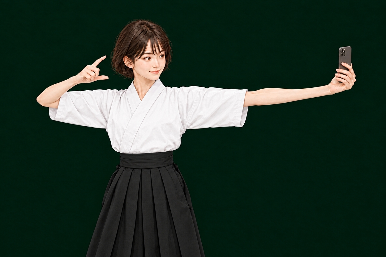 左腕と顔の向きを保ったまま、口の高さにある右手の親指と人差し指を大きく離す動作。